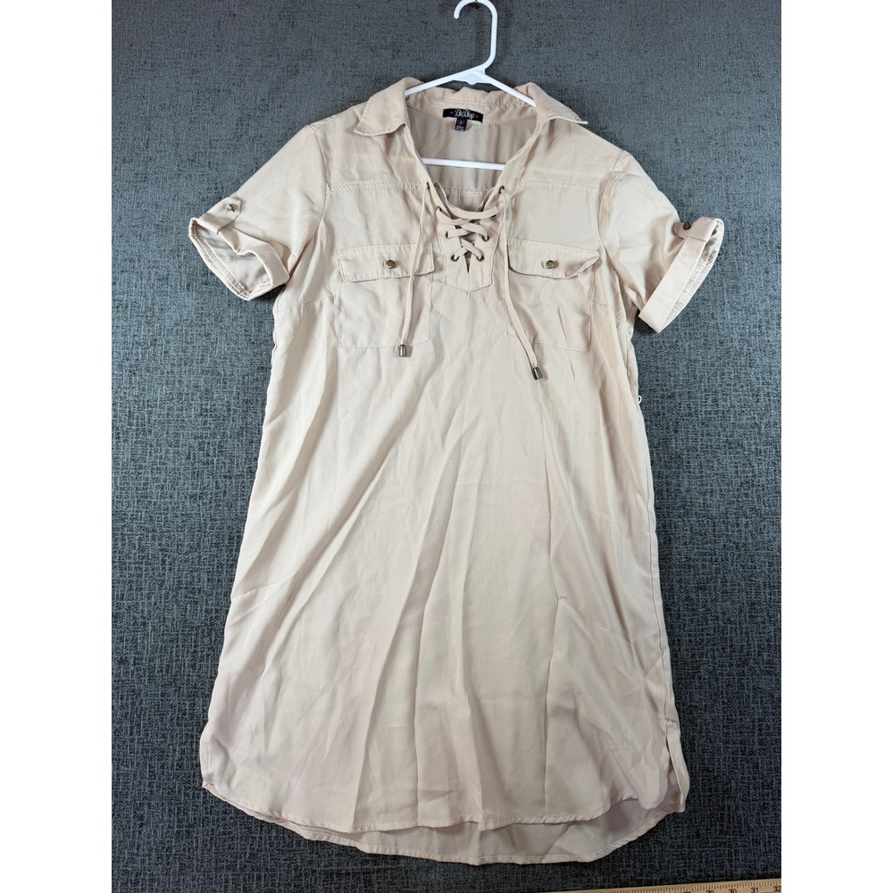BeBop Womens Tan Lace Up V-Neck Utility Shirt Dress Beige Short Sleeve Size M